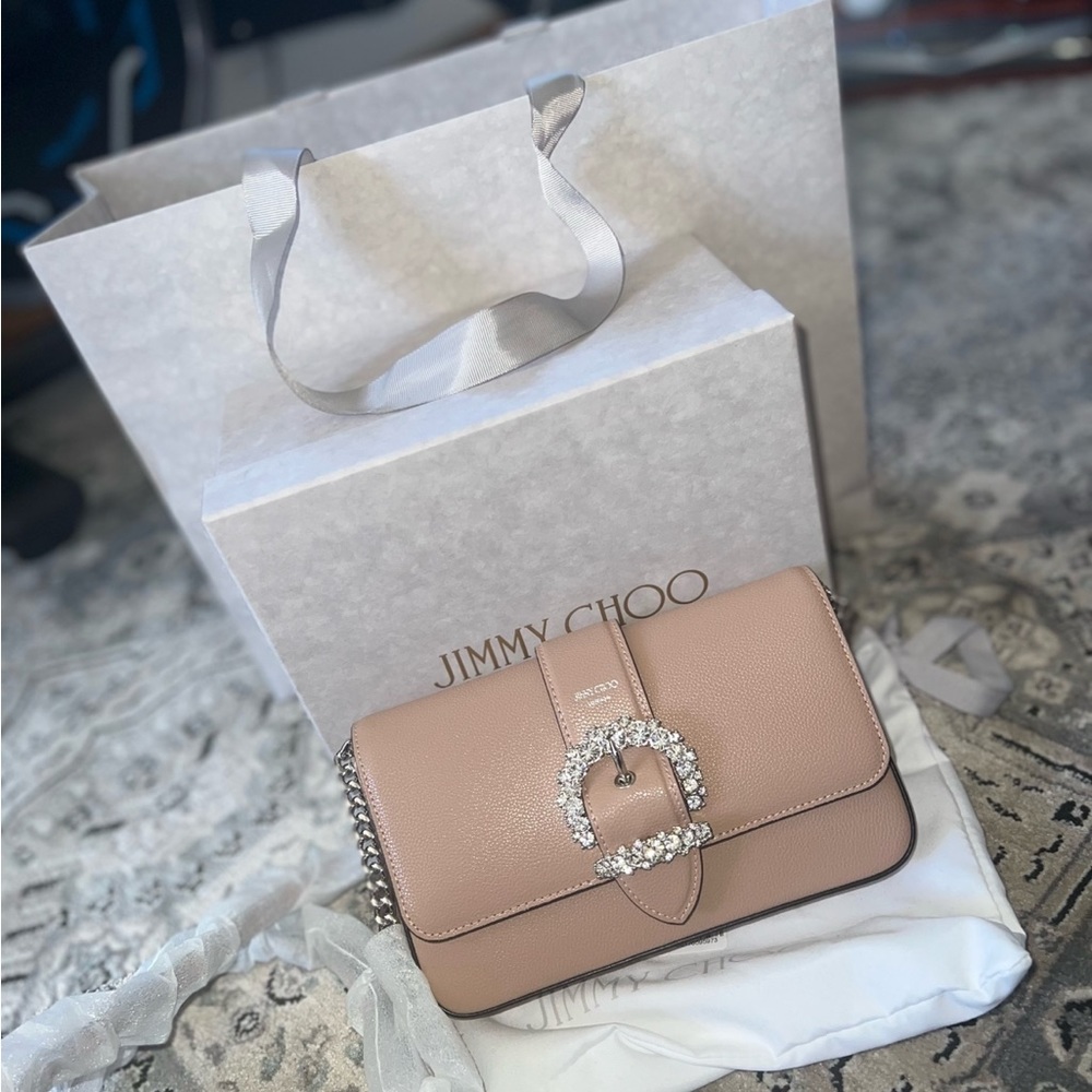 Brand new Jimmy Choo Cheri Wallet Chain soft grainy nude Leather Cross Body Bag